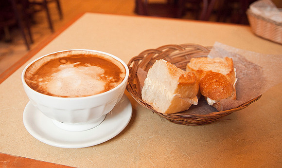 Cafe au lait and Brie on a baguette
